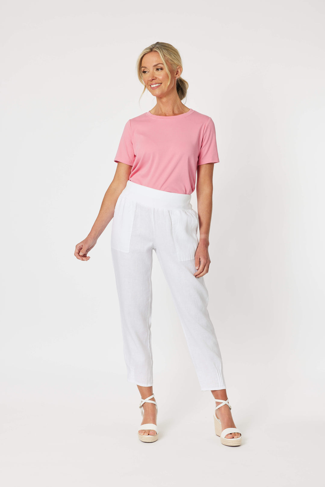 Ribbed Waist Linen Pant - White