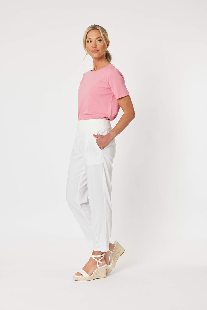 Ribbed Waist Linen Pant - White