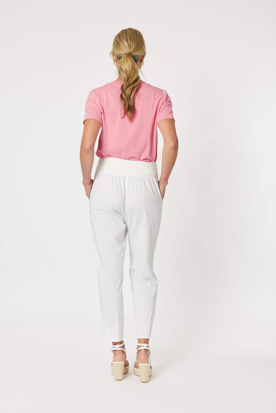 Ribbed Waist Linen Pant - White