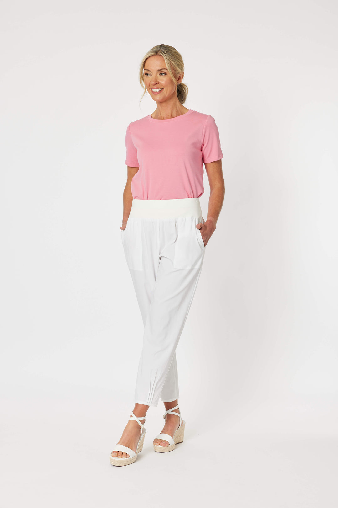 Sarah Ribbed Waist Linen Pant - White