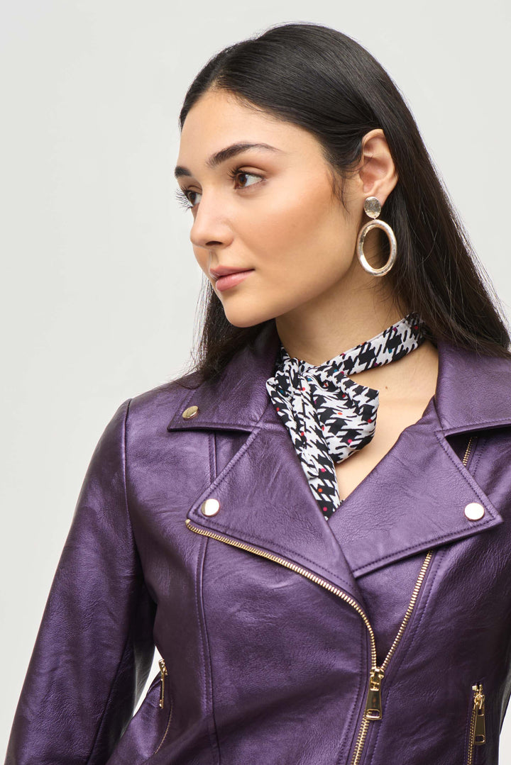 Liberty Metallic Faux Leather Biker Jacket - Blackcurrant 234902F24