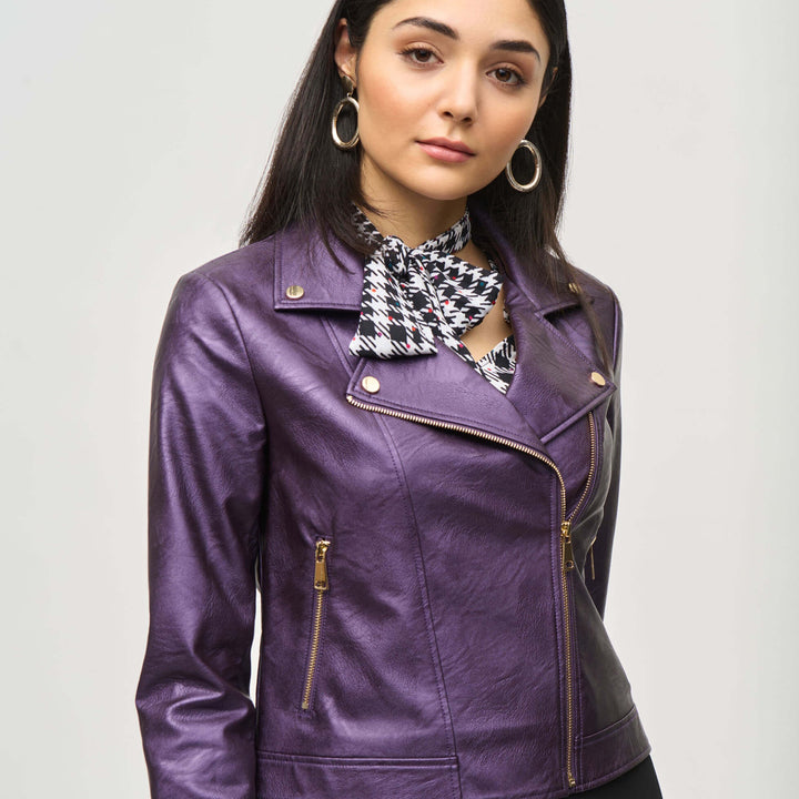 Liberty Metallic Faux Leather Biker Jacket - Blackcurrant 234902F24