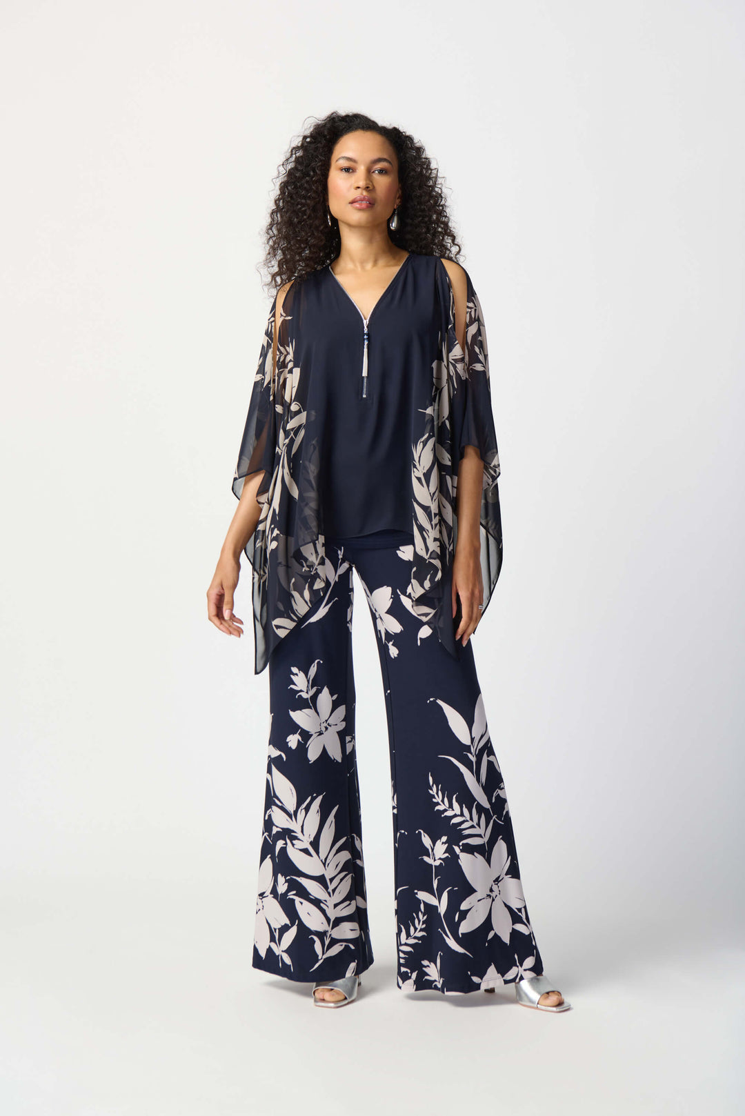 Santa Monica Floral print Chiffon Poncho Top - Navy 241060