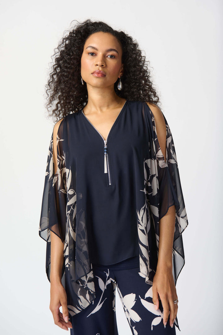 Santa Monica Floral print Chiffon Poncho Top - Navy 241060