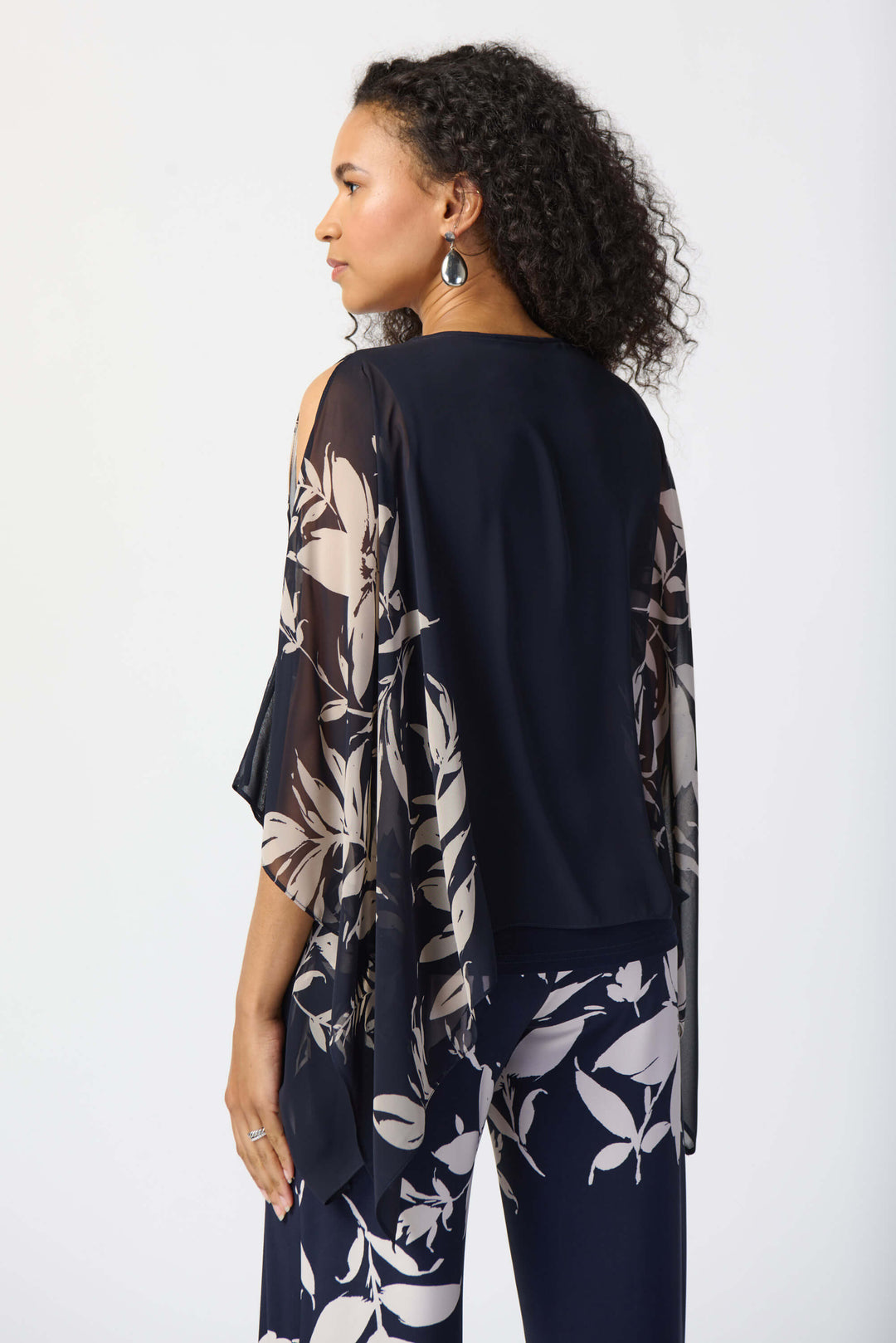 Santa Monica Floral print Chiffon Poncho Top - Navy 241060