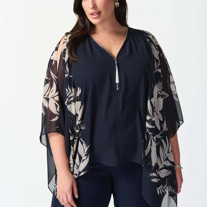 Santa Monica Floral print Chiffon Poncho Top - Navy 241060