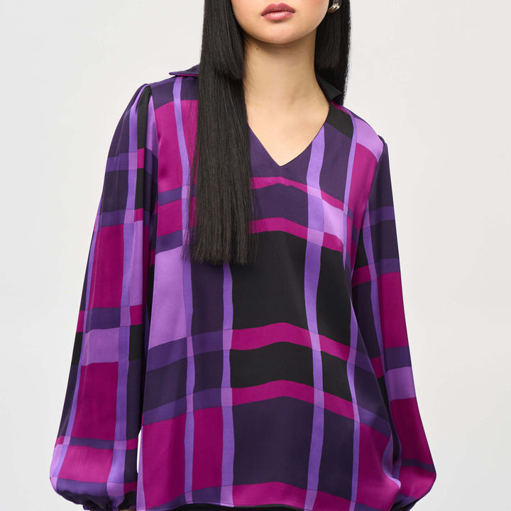 Liberty Satin Abstract Plaid Print Top 243058