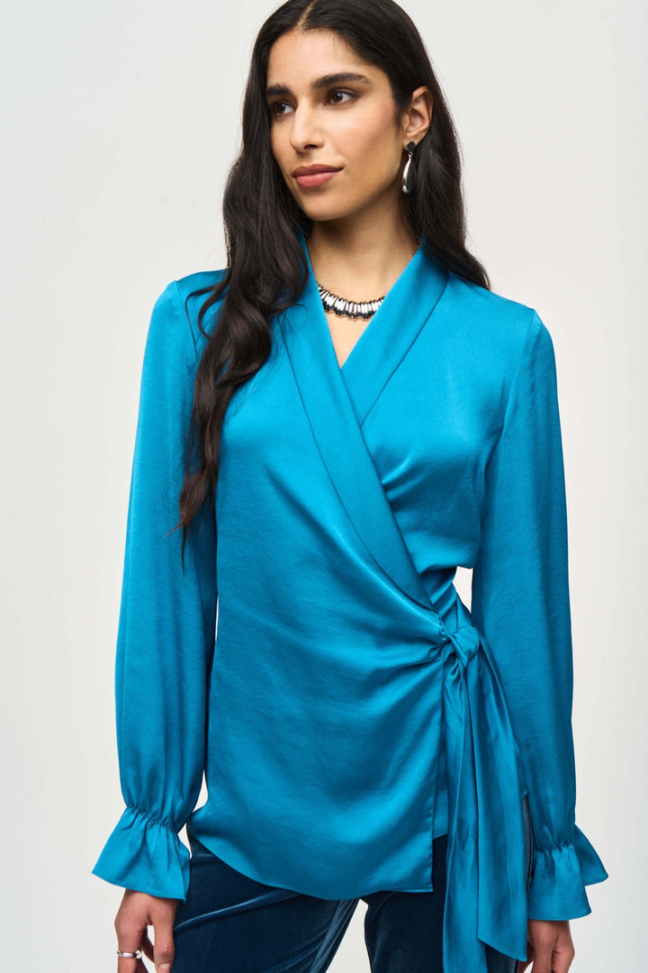 Mid Century Satin Wrap Blouse - Pacific Blue 243087