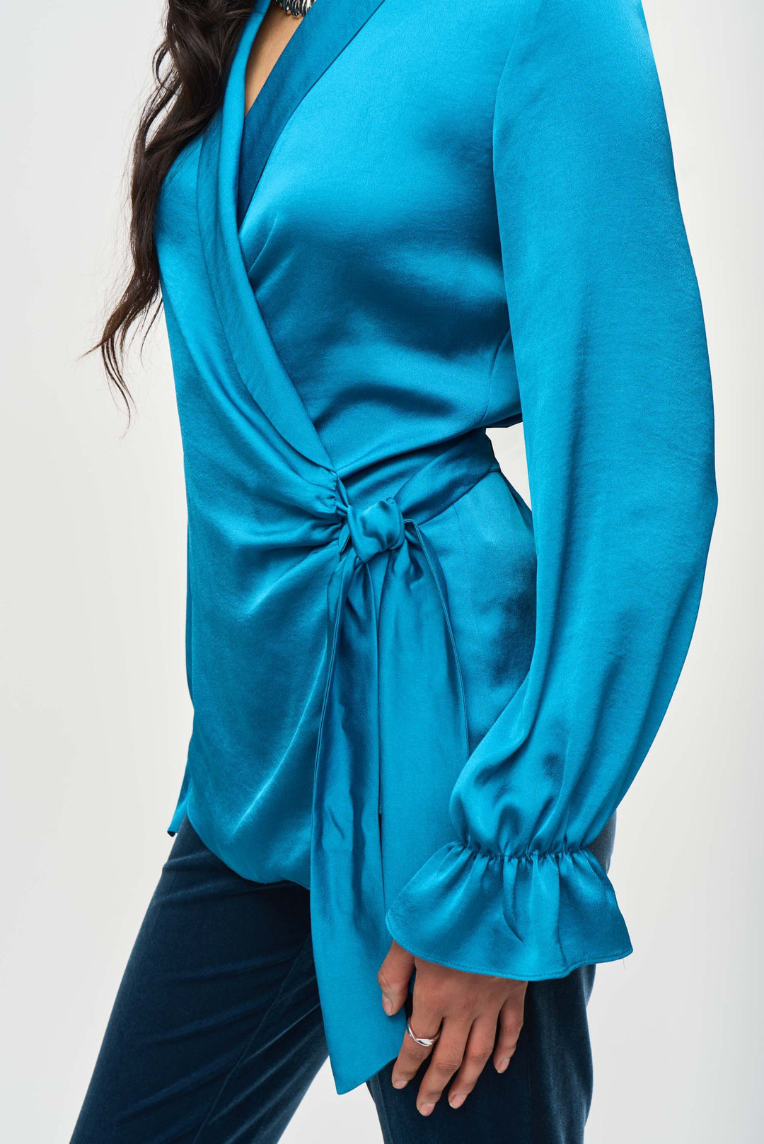 Mid Century Satin Wrap Blouse - Pacific Blue 243087