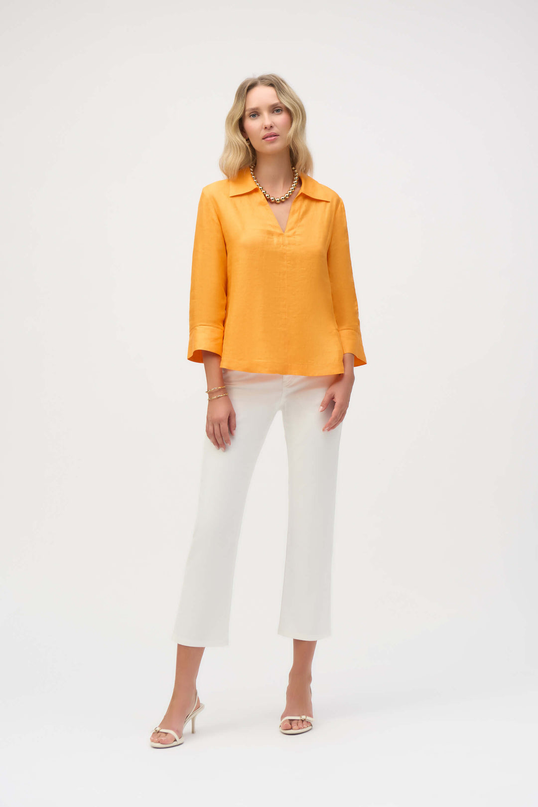 Palm Springs Linen Boxy Top with Shirt Collar - Apricot -252933