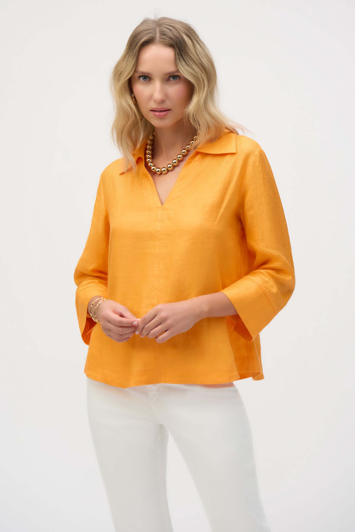 Palm Springs Linen Boxy Top with Shirt Collar - Apricot -252933