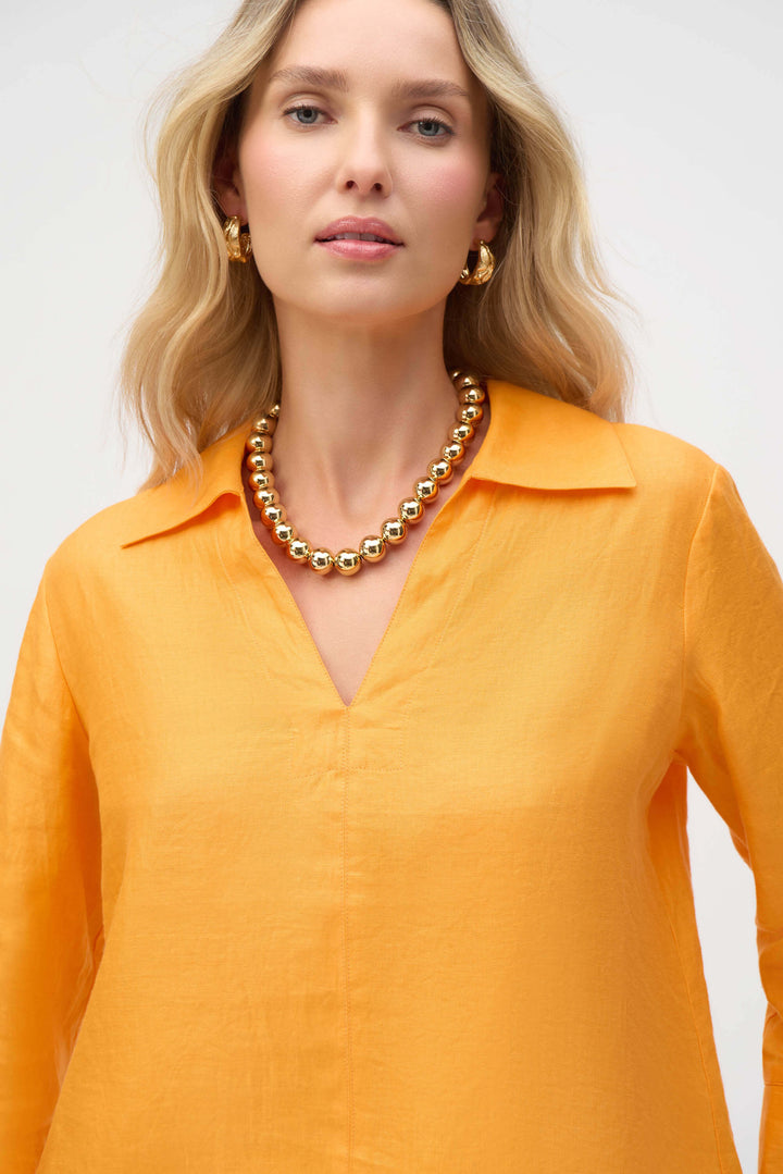 Palm Springs Linen Boxy Top with Shirt Collar - Apricot -252933