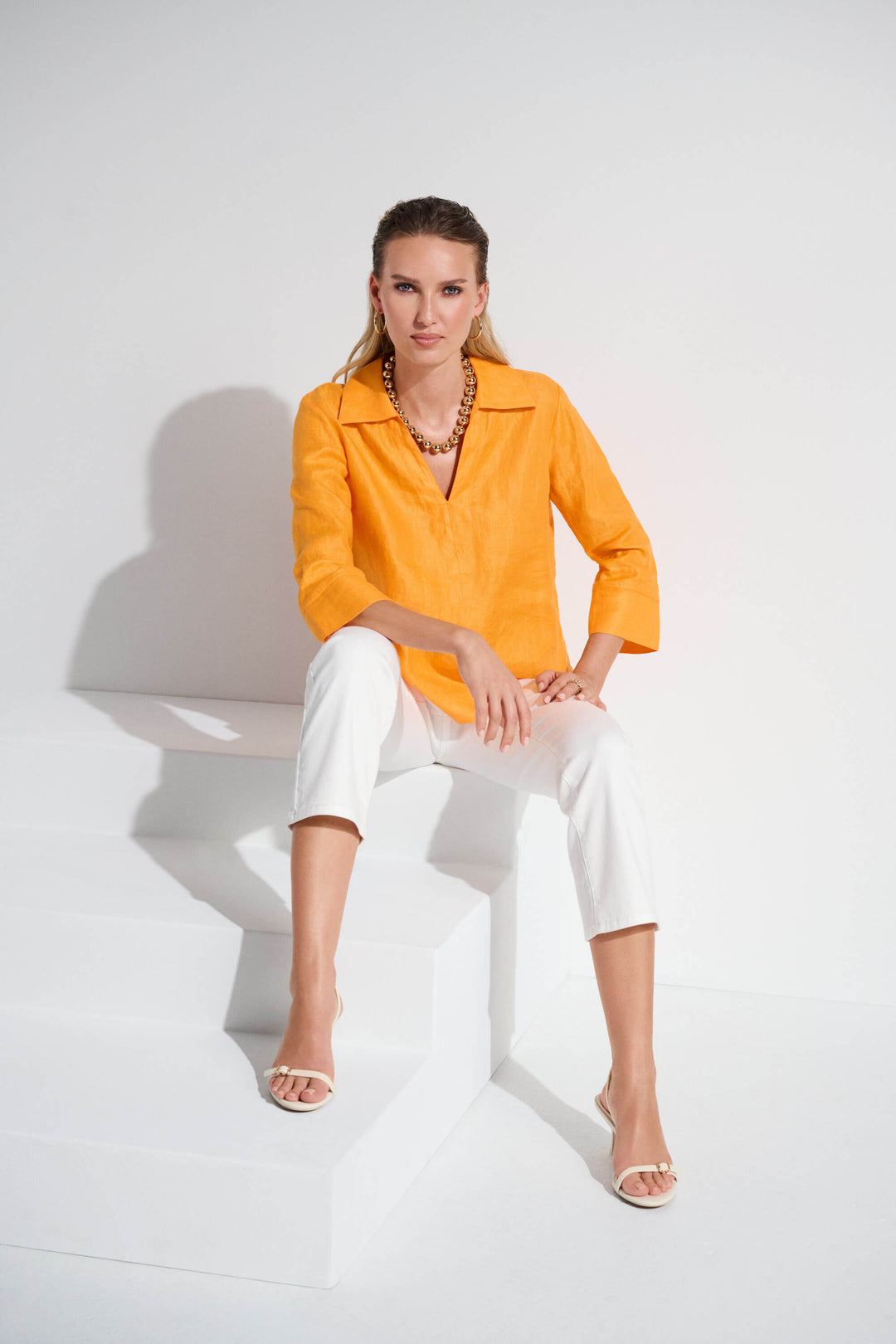 Palm Springs Linen Boxy Top with Shirt Collar - Apricot -252933