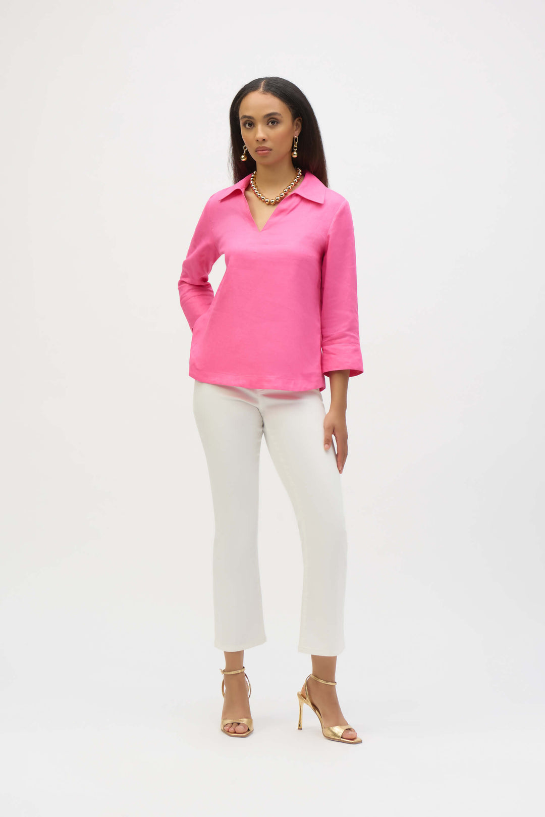 Palm Springs Linen Boxy Top with Shirt Collar - Bubble Gum -252933