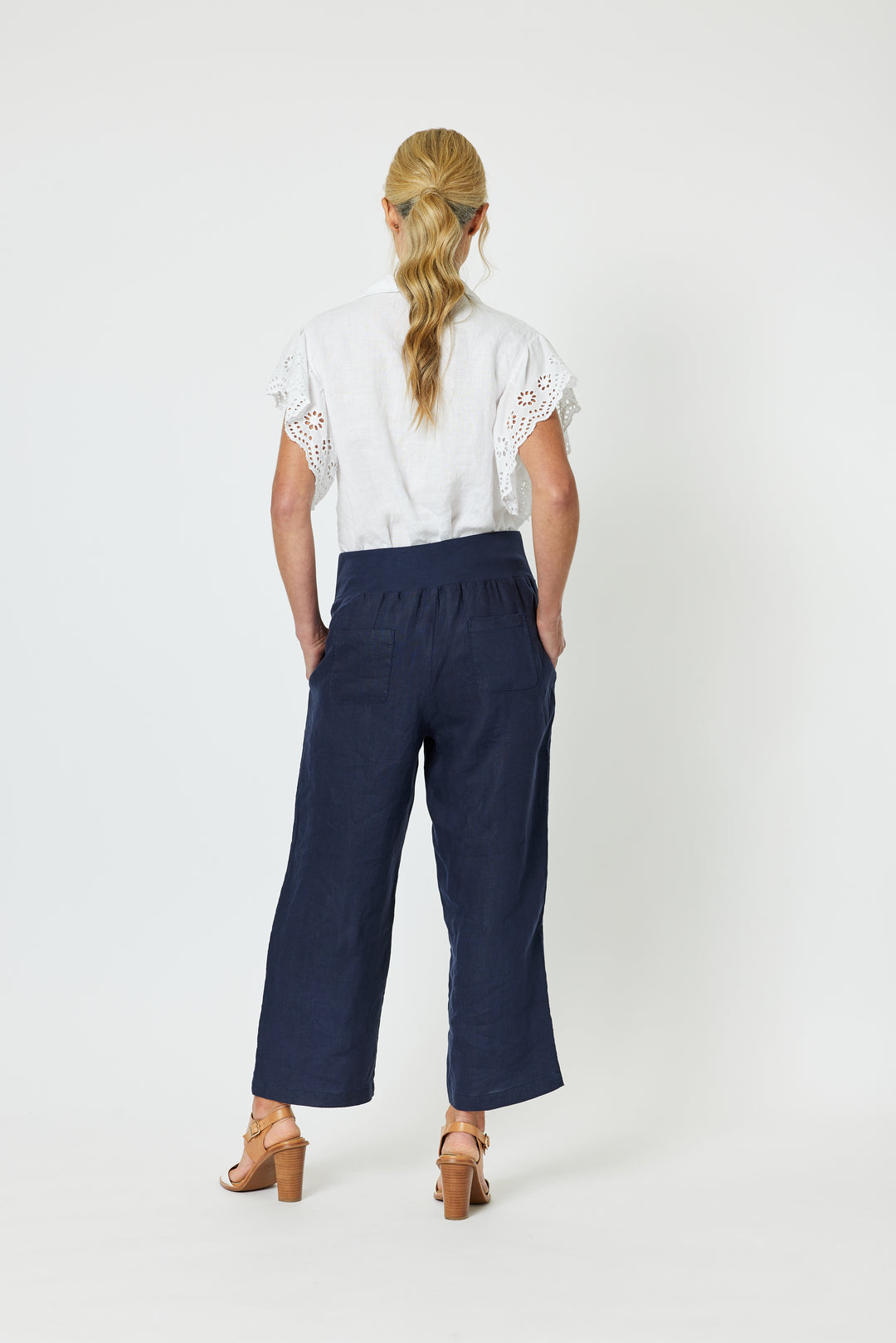 Ribbed Waist Linen Wide Leg  Pant - Navy