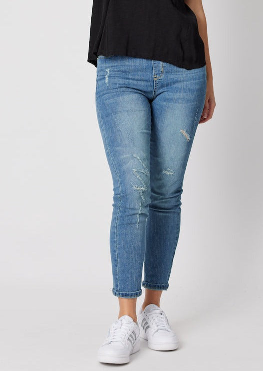 Pull On Ripped Jeans - Denim/Dark Denim