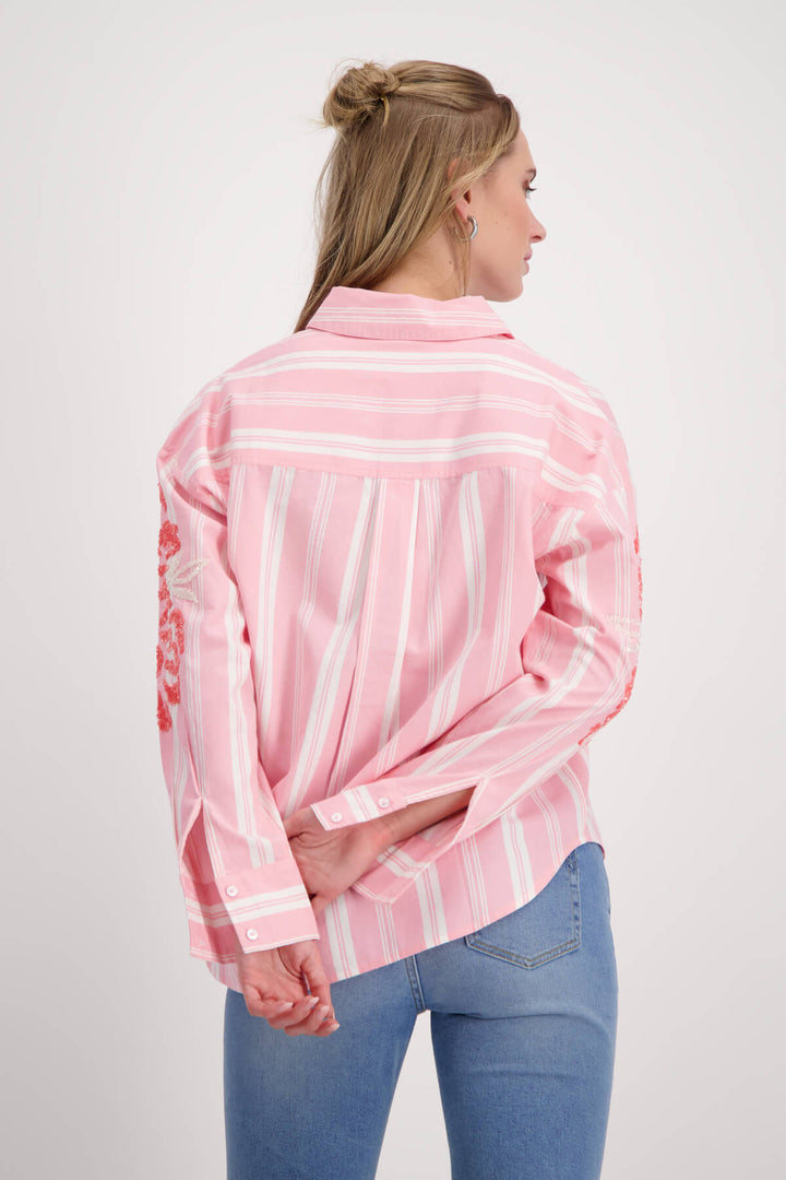 Stripe Collar Sequin Flowers Shirt