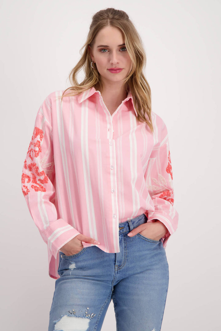 Stripe Collar Sequin Flowers Shirt