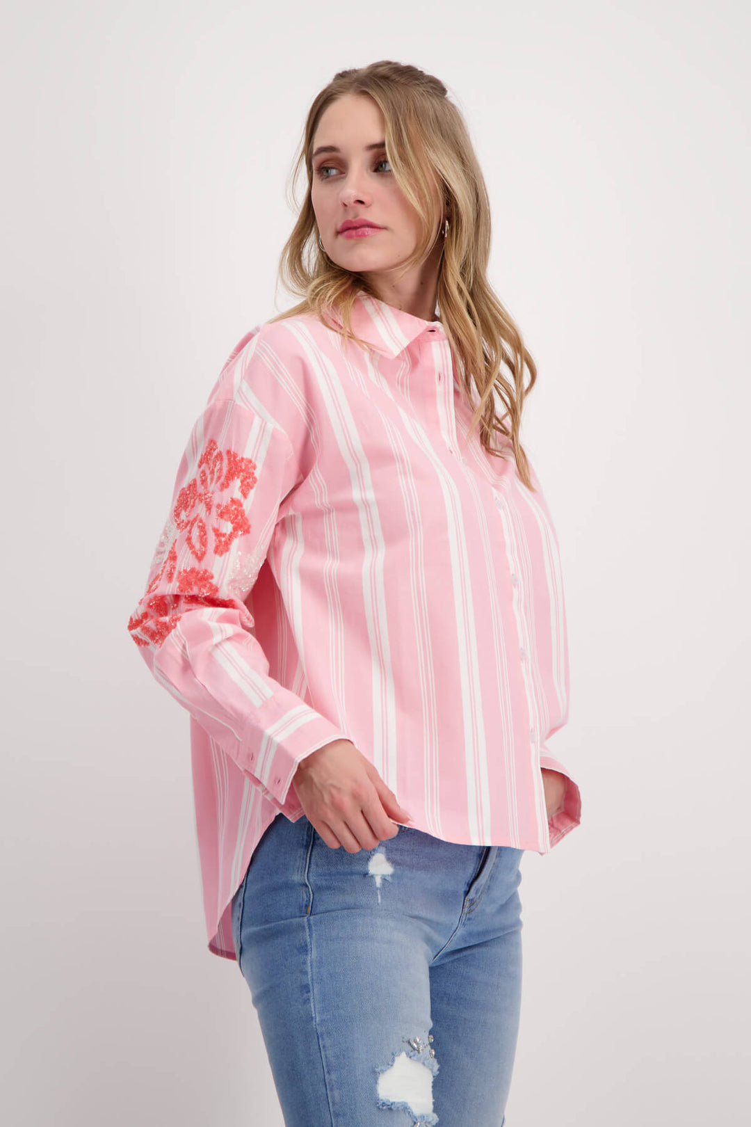 Stripe Collar Sequin Flowers Shirt