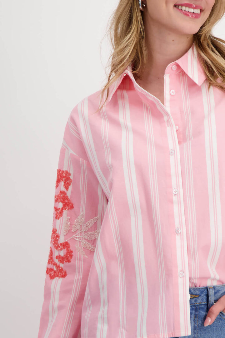 Stripe Collar Sequin Flowers Shirt