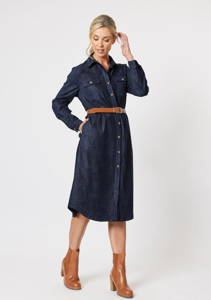 Animal Print Suede Feel Shirt Dress - Midnight Blue