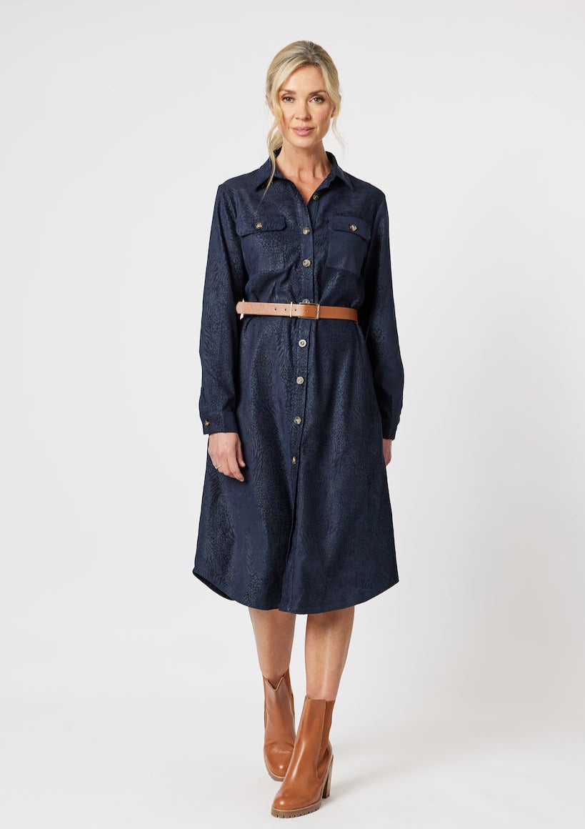 Animal Print Suede Feel Shirt Dress - Midnight Blue