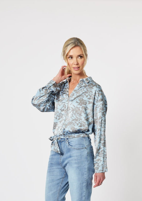 Susie Floral Print Shirt with Belt - Ice Blue