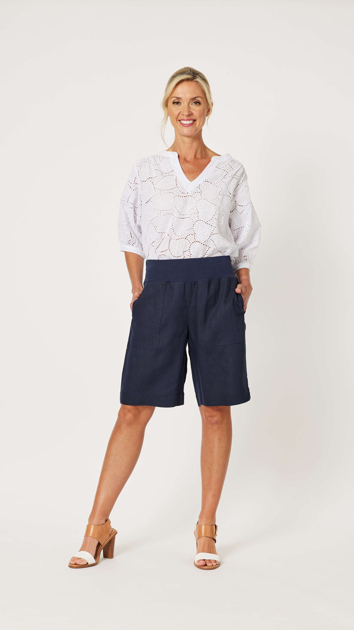 Jersey Waist Linen Short - Navy