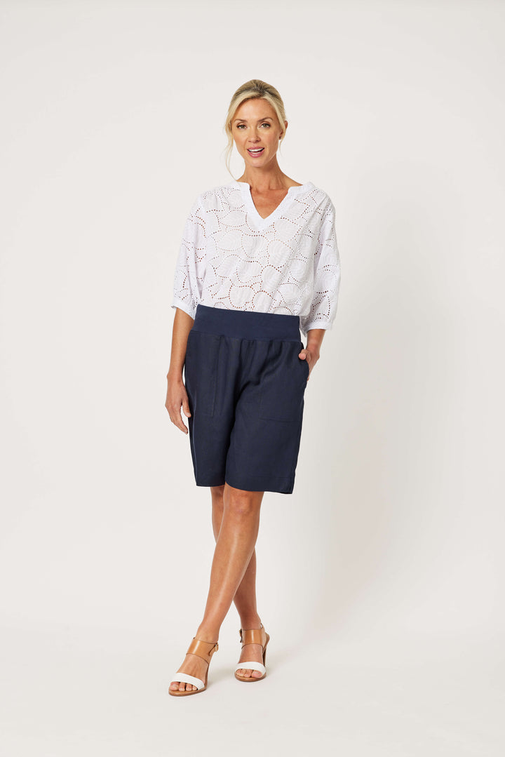 Jersey Waist Linen Short - Navy