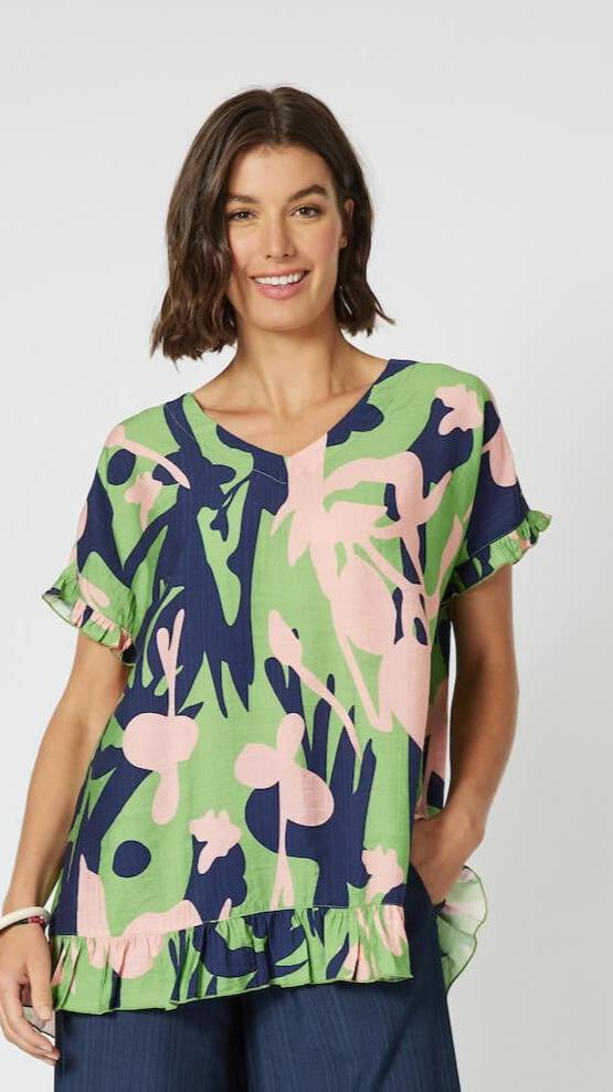 Como Ruffled Printed Top - Green