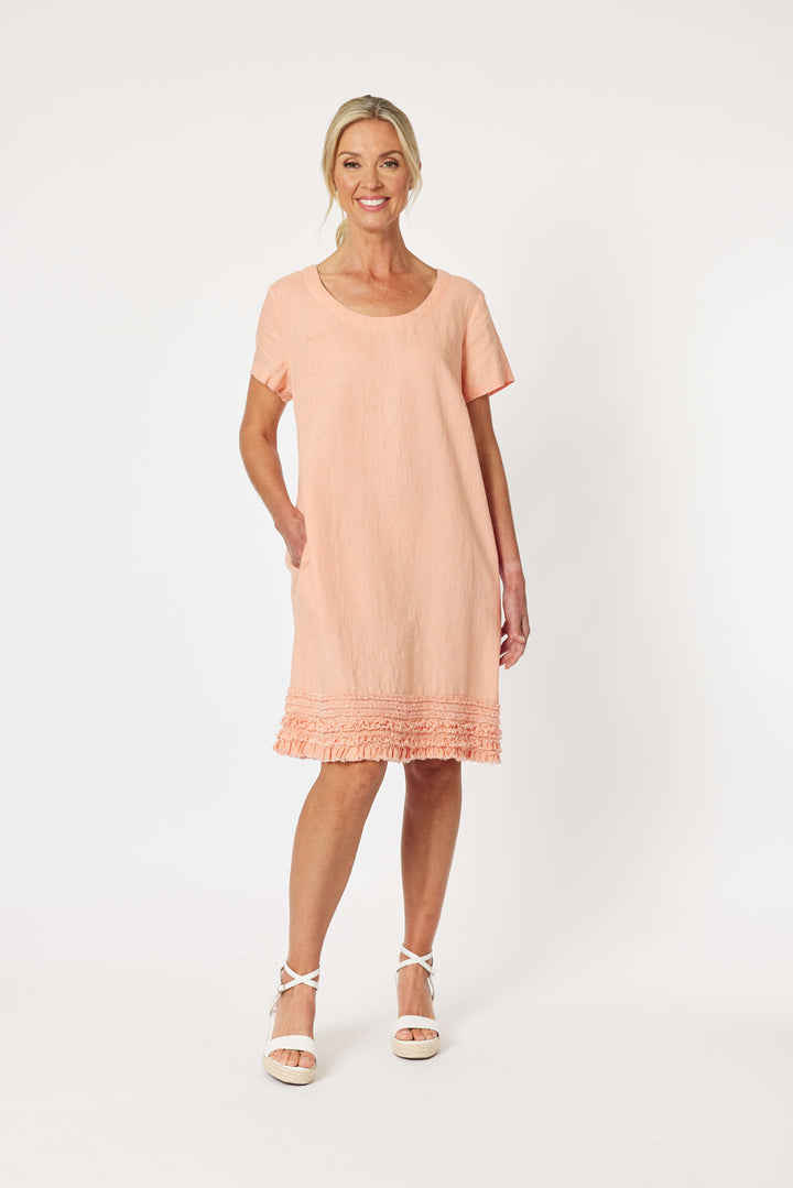 Ruffle Hem Linen Scop Neck Dress