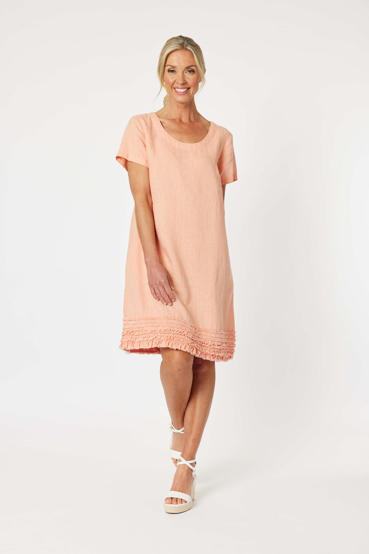 Ruffle Hem Linen Scop Neck Dress