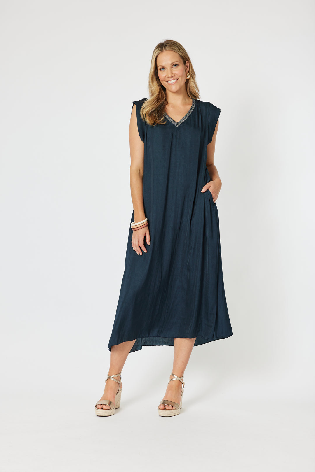 Traveller Luxe V neck Dress - Navy