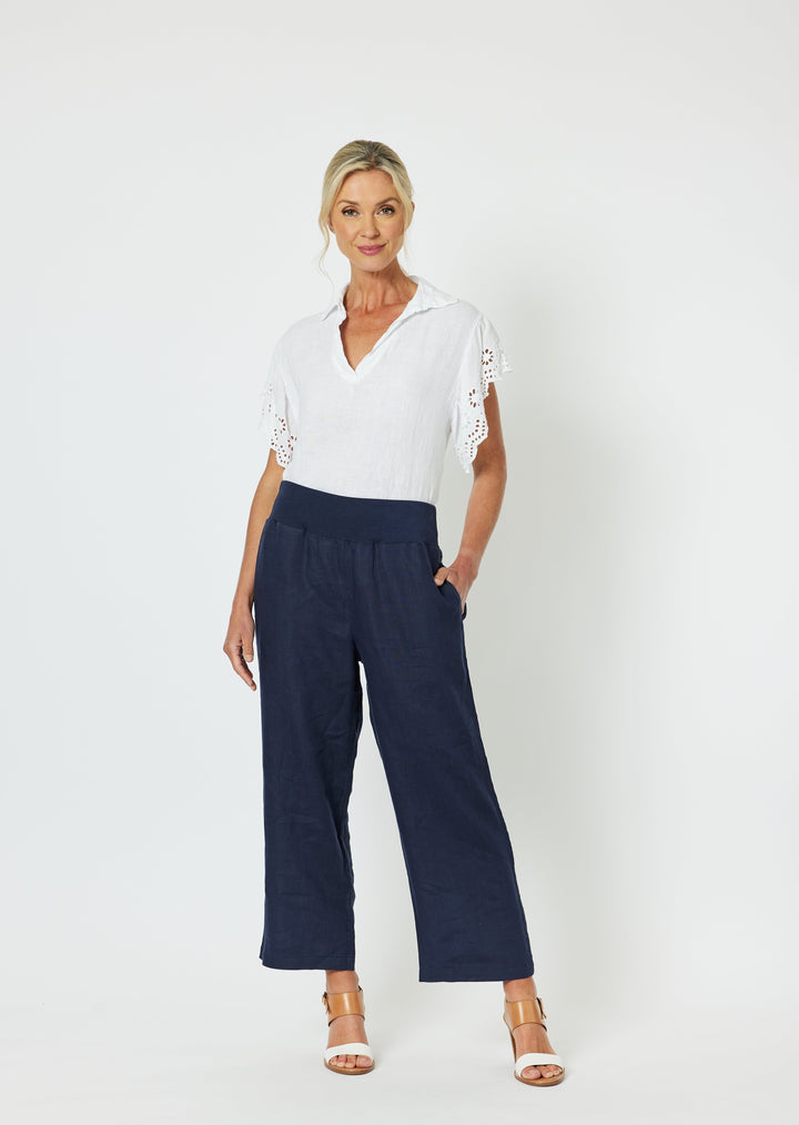 Ribbed Waist Linen Wide Leg  Pant - Navy