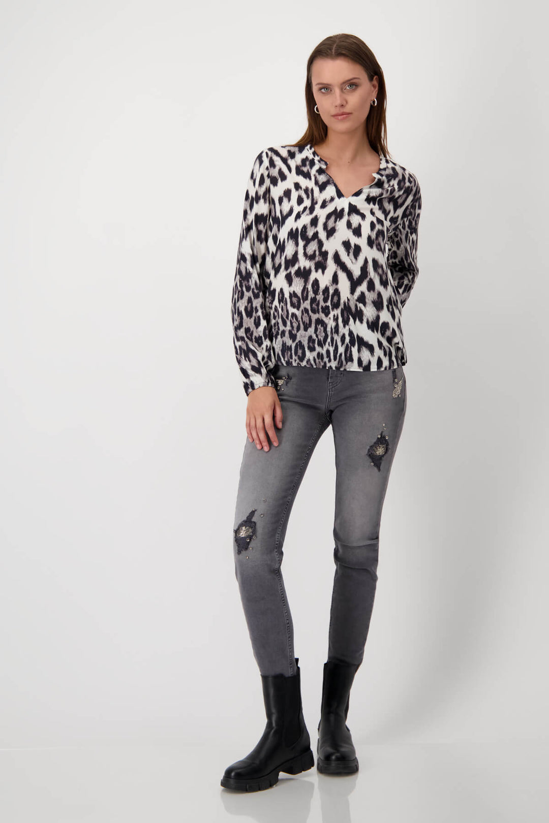 Schwarz Round Neck Blouse - Grey