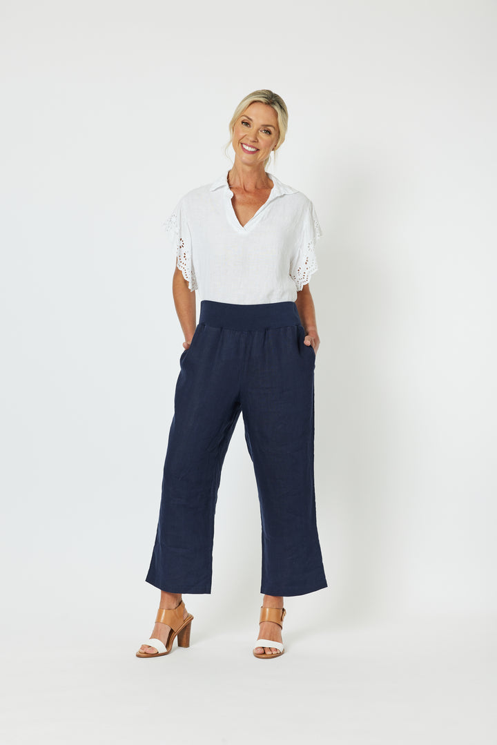 Ribbed Waist Linen Wide Leg  Pant - Navy