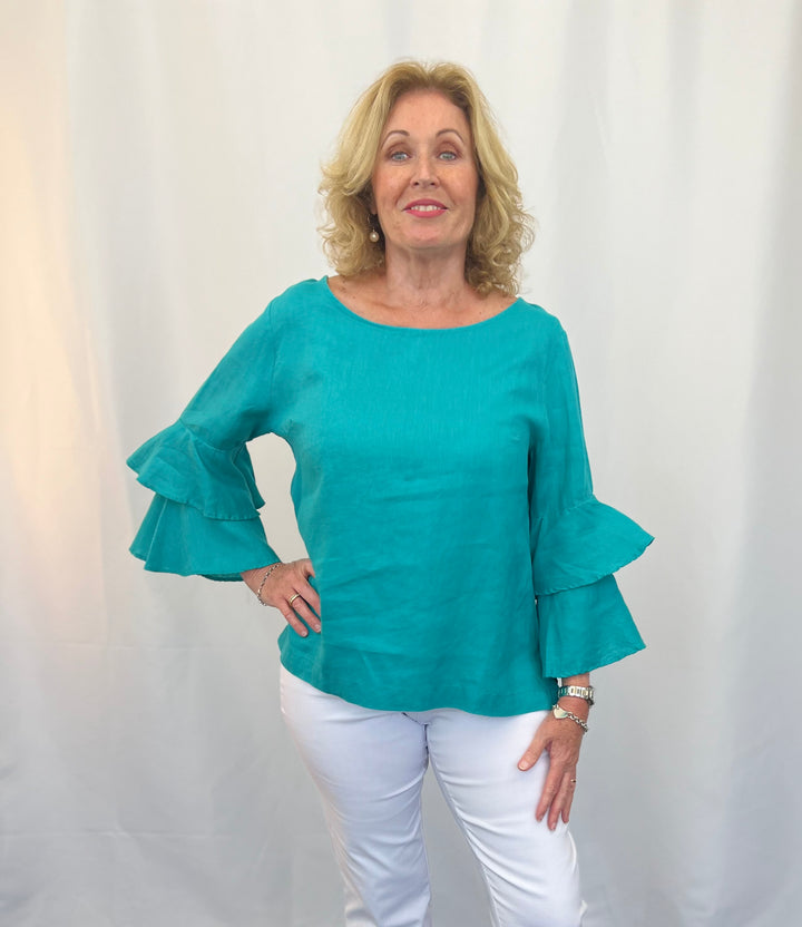 Ruffle Sleeve Linen Top Dark Aqua