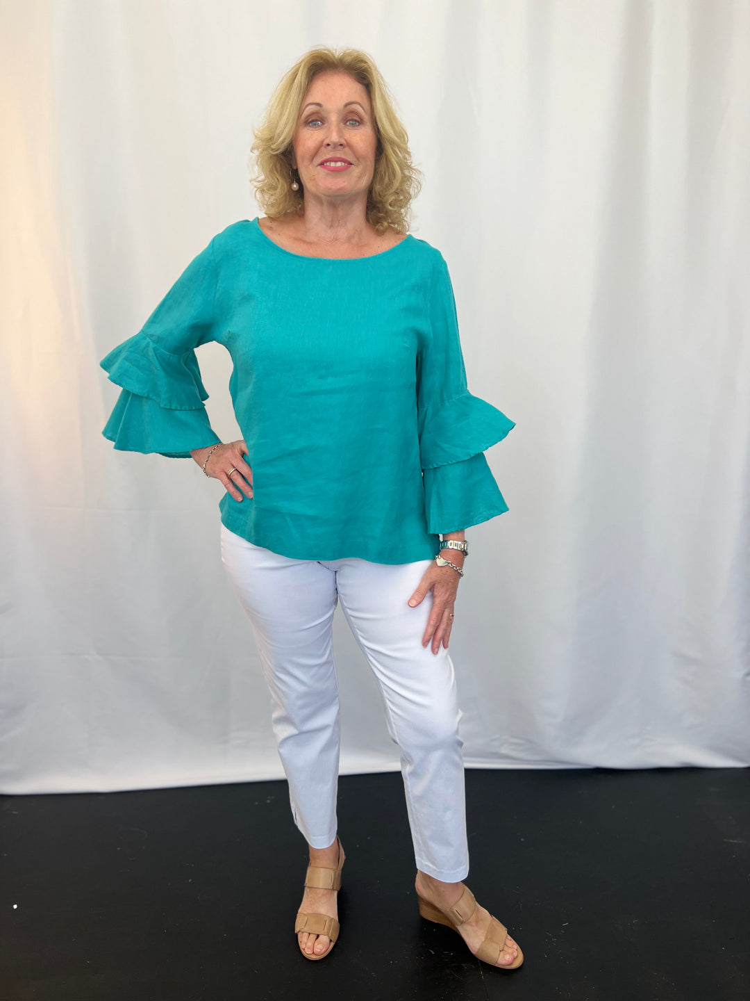 Ruffle Sleeve Linen Top Dark Aqua