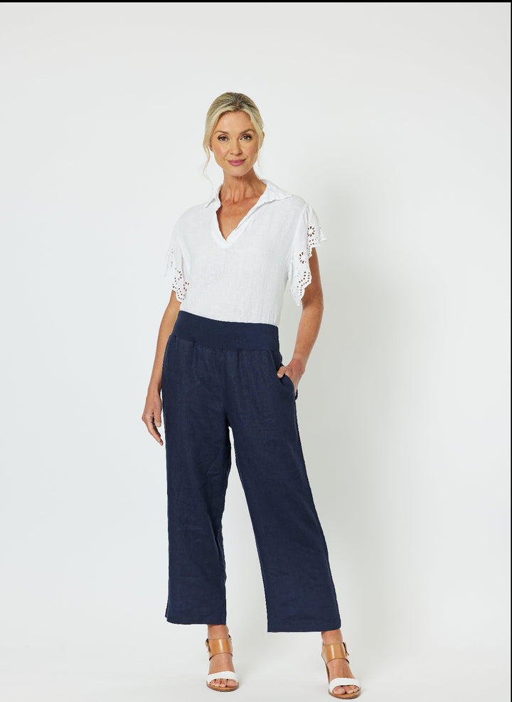 Lara Linen Wide Leg Pant - Navy