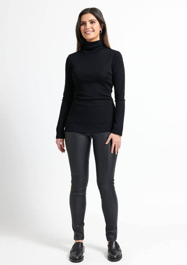 Fine Merino Polo Neck Top - Black