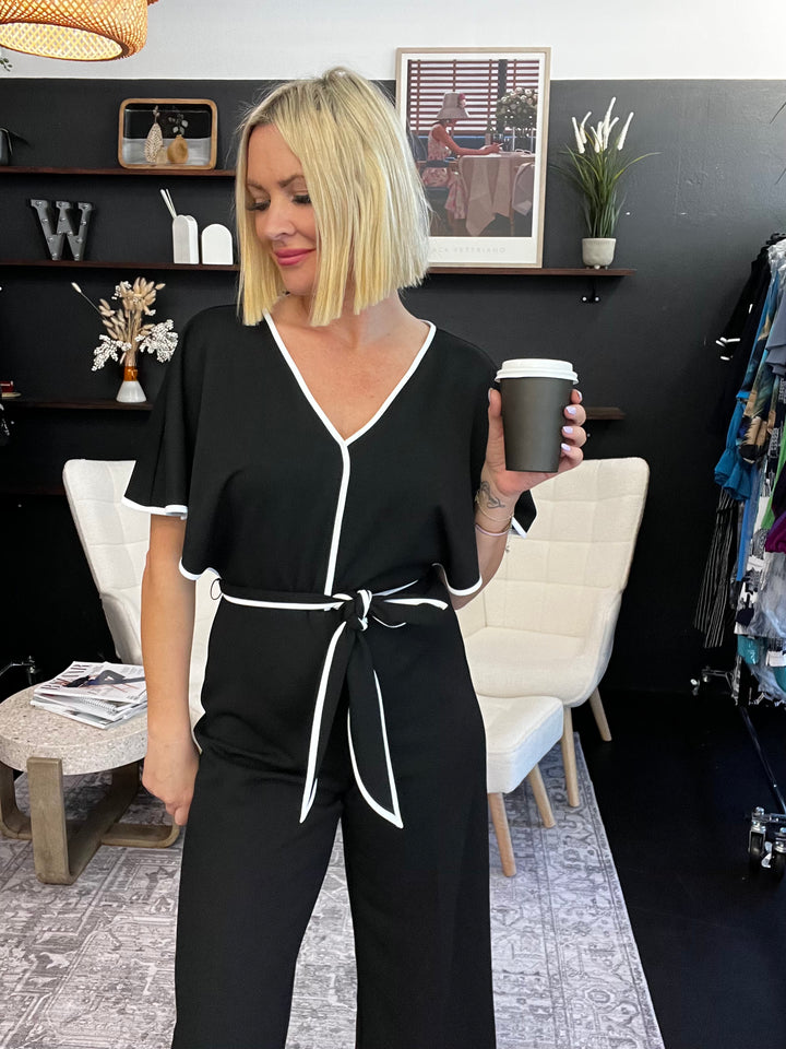 Casablanca Scuba Crepe Belted Jumpsuit - Black/Vanilla 242082