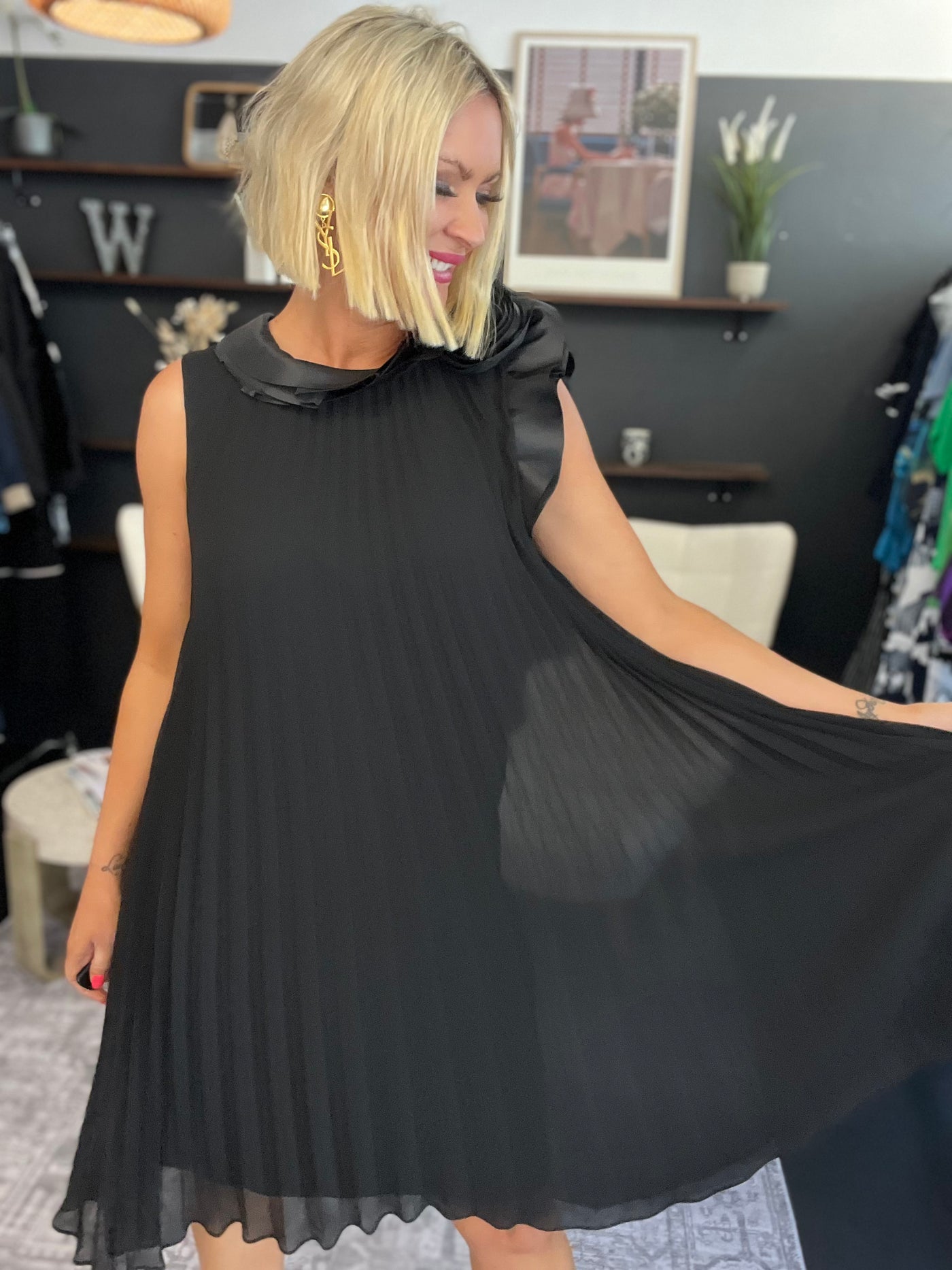 Pleated Dress - Size 6 Black 223728