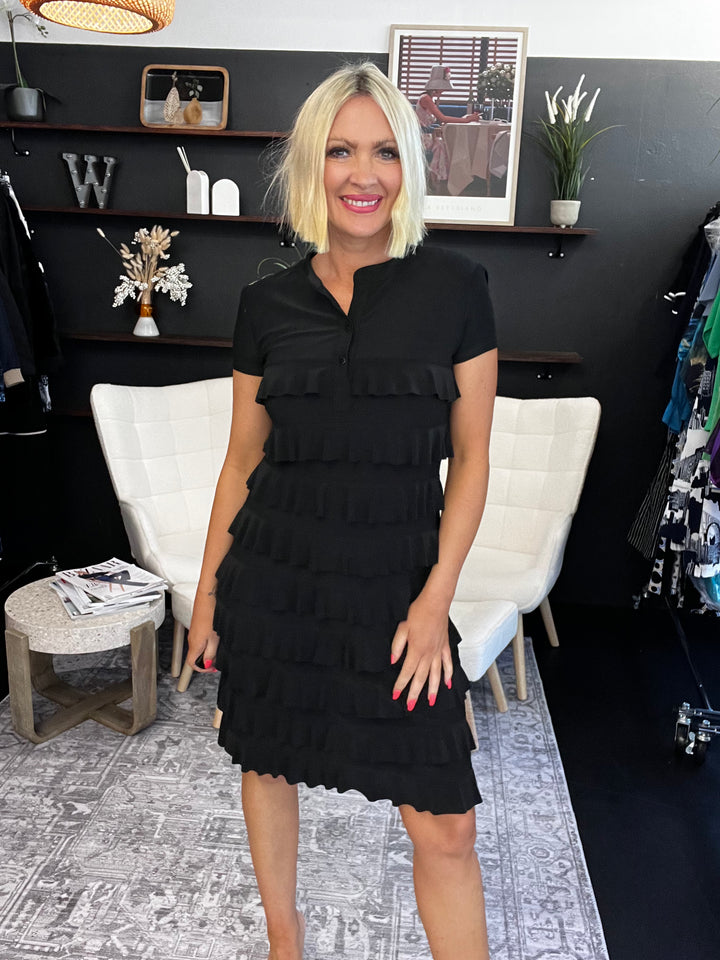 Short Sleeve Ruffle Dress - Size 6 Black 211350