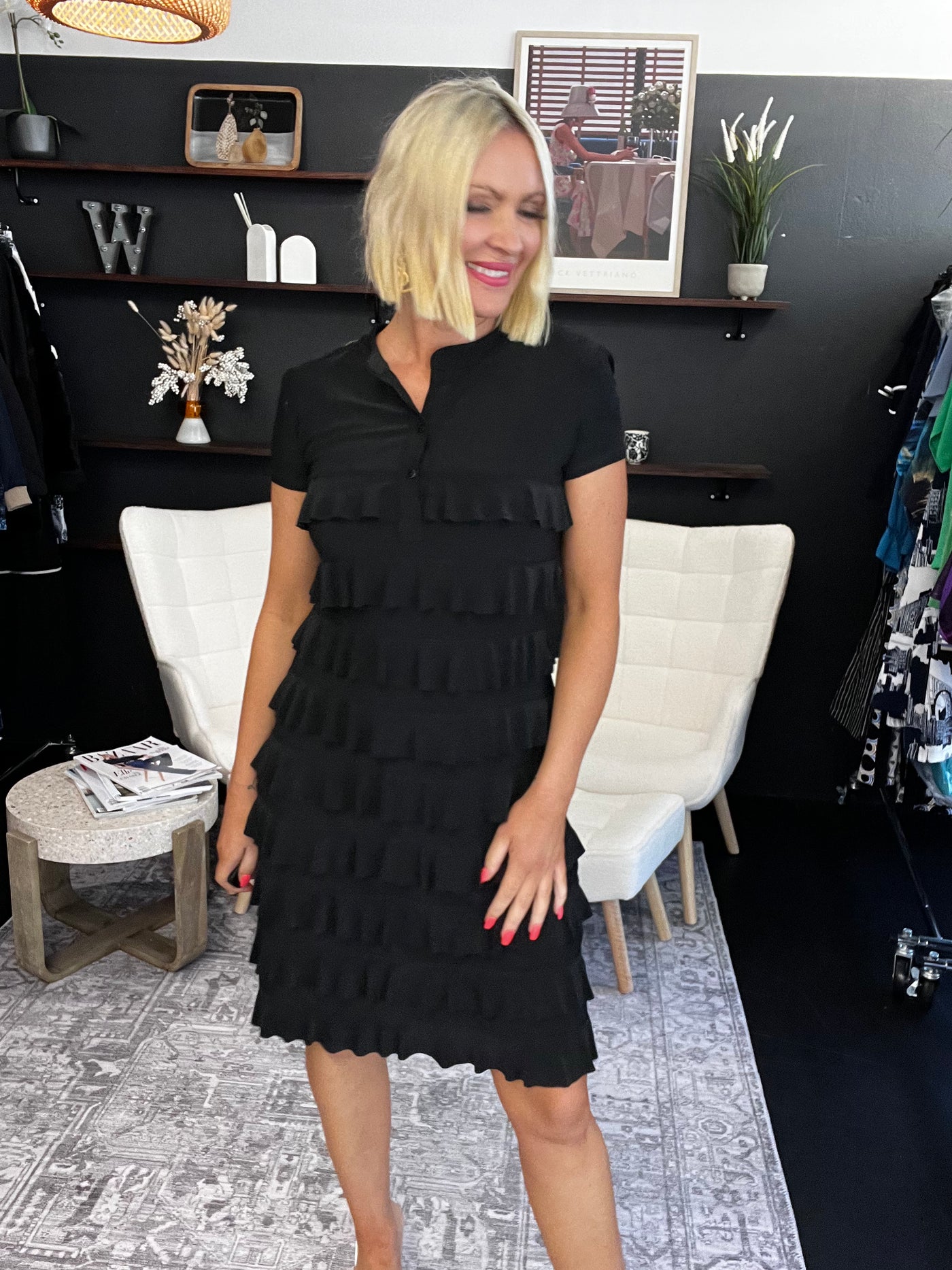 Short Sleeve Ruffle Dress - Size 6 Black 211350