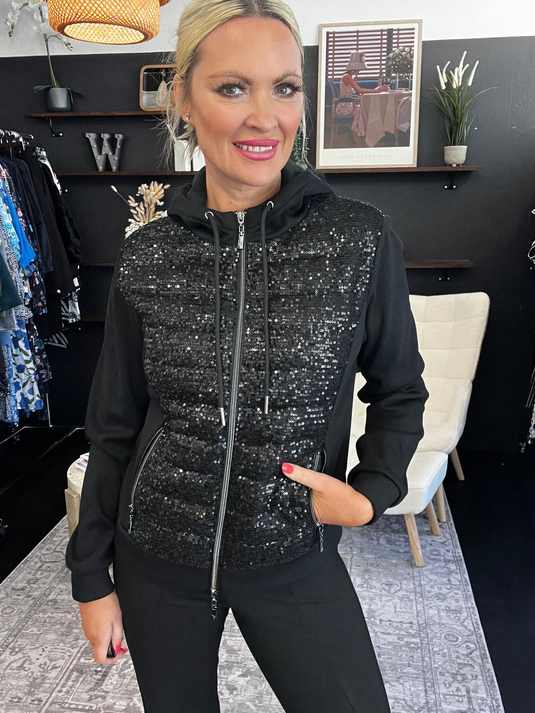 Sequin Quilted Jacket - Black