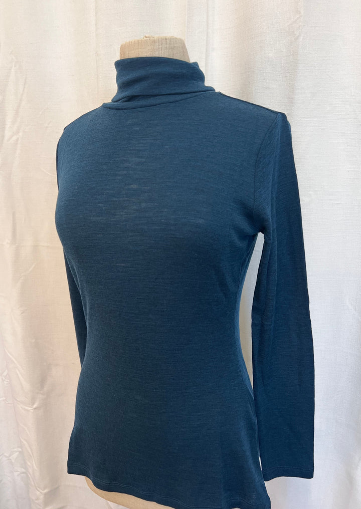 Fine Merino Polo Neck Top - Petrol Blue