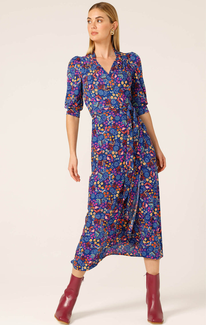 Sapphire Flame Wrap Midi Dress - Blue Floral