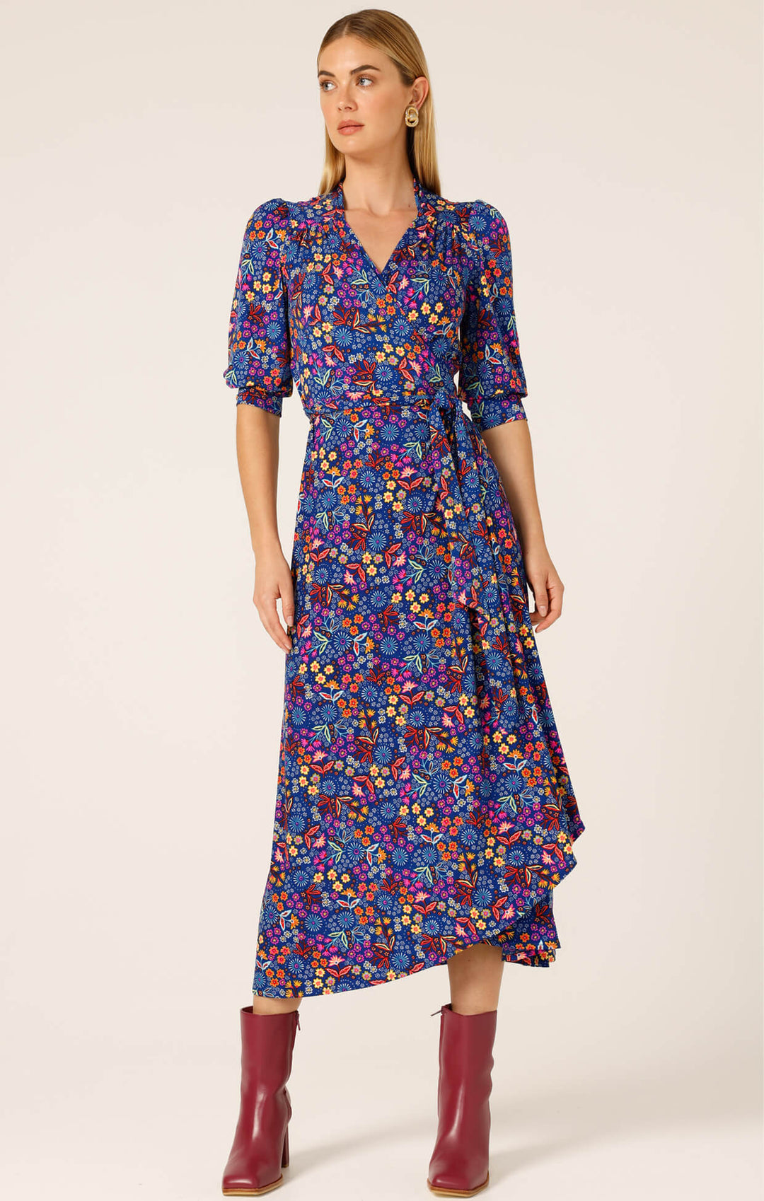 Sapphire Flame Wrap Midi Dress - Blue Floral