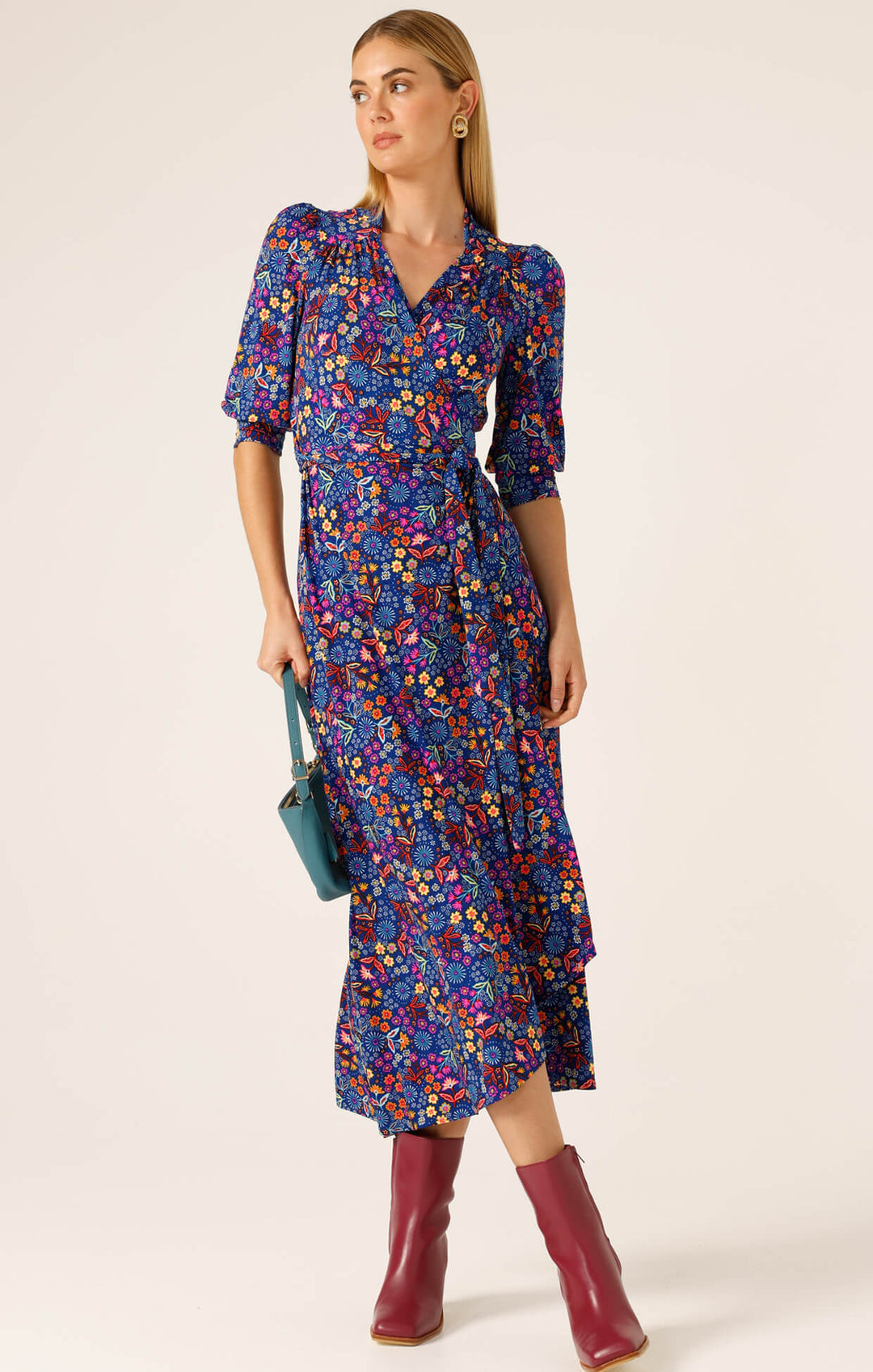 Sapphire Flame Wrap Midi Dress - Blue Floral