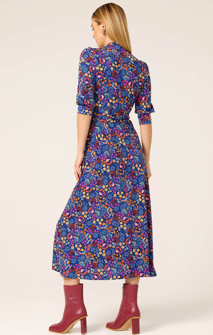 Sapphire Flame Wrap Midi Dress - Blue Floral